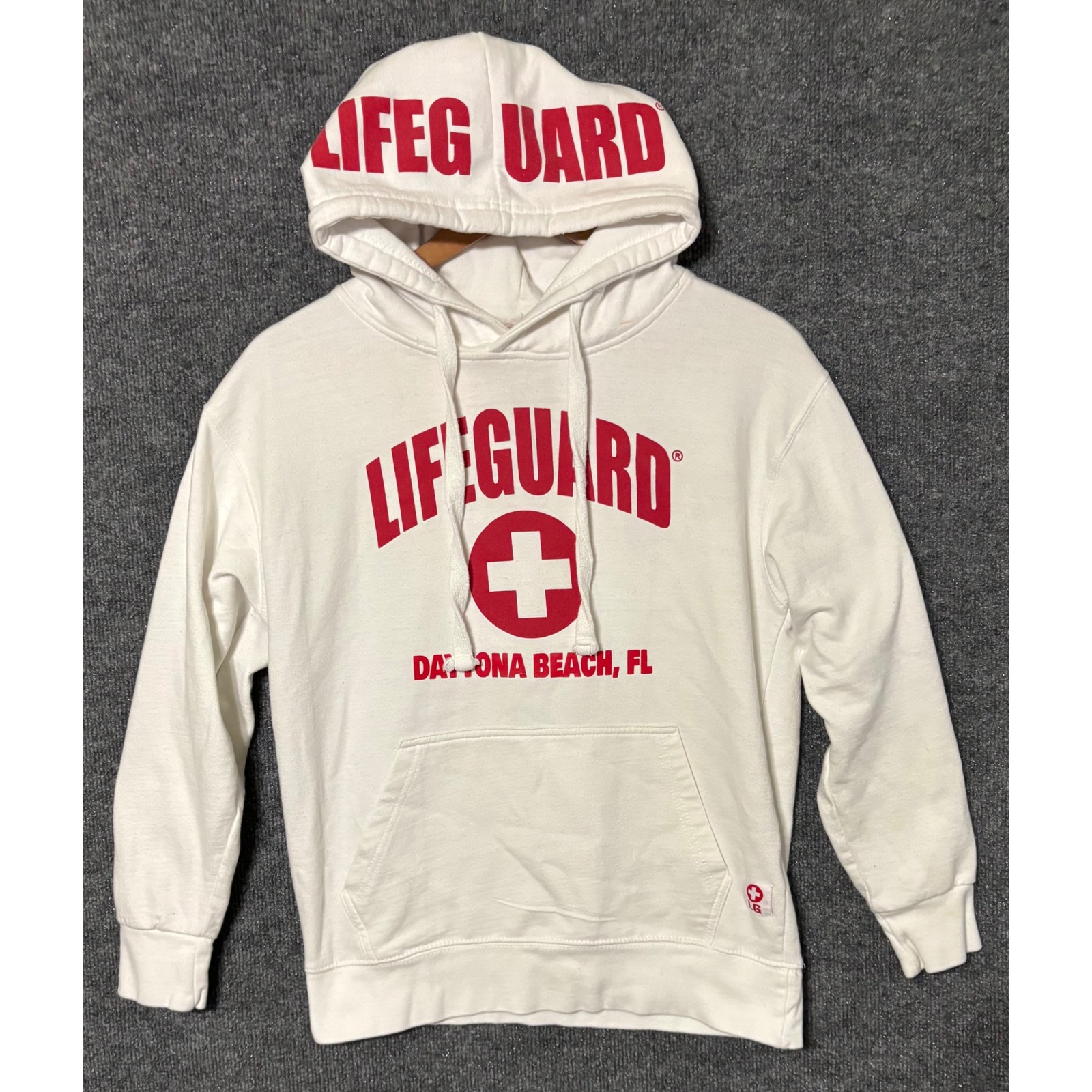 Official Lifeguard Daytona Beach Fl Hoodie Sweatshirt White Red Mens Small